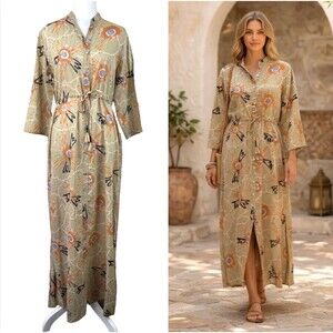 Fusioni Italy Cotton Maxi Shirt Dress Button Front Boho Artisan Sz M